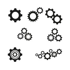 Set of various black gear icons representing mechanics and engineering.