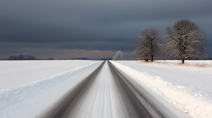 Obraz premium A winter's road stretches beneath a dark, moody sky. Snow covers the fields on either side, interrupted only by bare trees and a distant treeline. The stark contrast evokes peace.