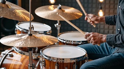 a musician performs on an acoustic drum set, striking cymbals and drums with sticks during a practice or recording session in a studio