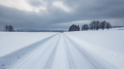 Snow-covered road stretching towards a distant horizon, under a cloudy sky. Tire tracks break the pristine surface, hinting at a recent passage. The scene evokes stillness.