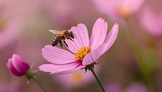 A bee hovering near a pink cosmos flower with yellow center in soft focus shot
