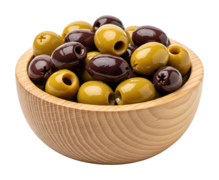 Serving delicious mixed olives in a wooden bowl food isolated on transparent background