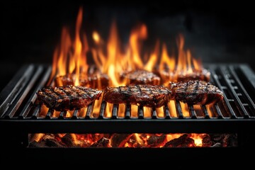 Grilling juicy burger patties on hot open flame, summertime cooking delicious food at outdoor barbecue for backyard party or celebration event