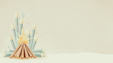 Lohri Festival sugarcane bonfire illustration with minimal background and copy space
