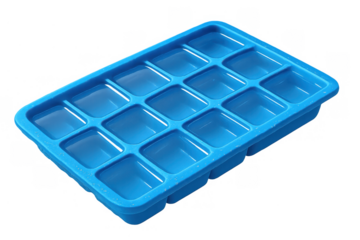 Blue plastic ice cube tray holding liquid for freezing in a reusable kitchen tool for cold drinks, transparent background