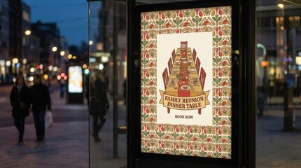 patterned poster for shop window for family reunion dinner table with repeating border ornaments