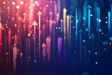 Abstract digital light streaks and glowing particles ascend upwards creating a vibrant dynamic and futuristic visual representation of data flow and technological advancement