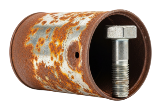 Rusty pipe and bolt workshop industrial metal surface isolated on transparent background