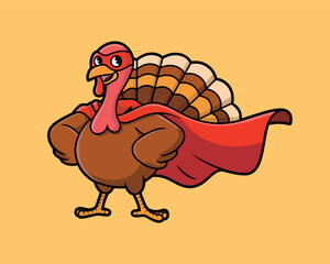 Cartoon Turkey Superhero with a Cape and Mask Thanksgiving Illustration