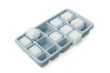 Ice cubes forming in a blue plastic tray, cooling beverages and drinks, creating frozen water for refreshment, clear background
