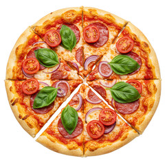 Freshly baked Italian pizza with pepperoni, tomatoes, basil, mozzarella, sliced on a wooden board, transparent background, copy space, appetizing food photography