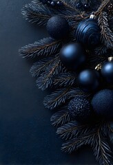 Elegant Dark Blue Christmas Background with Red Ornaments, Fir Branches, and Copy Space
