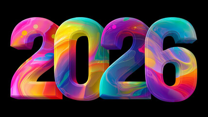 Vibrant 2026 in large 3D typography, multicolored vector design with smooth gradients and abstract fluid background