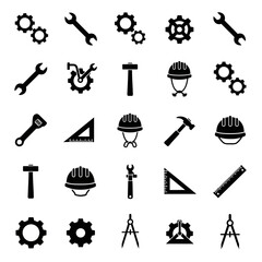 A comprehensive set of black engineering and construction tool icons.