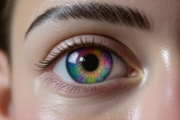 Fototapeta premium Close-up view of a colorful robotic eye showcasing details of technology and design with bright patterns