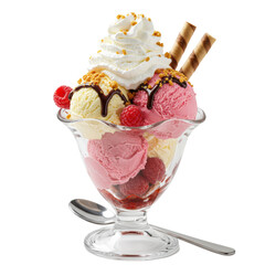 Ice cream sundae with vanilla, strawberry, chocolate, whipped cream, syrup, raspberries, cookies, wafer in glass bowl, isolated on white, luxurious dessert concept