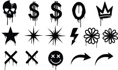 Graffiti and Street Art Style Vector Icon Set, Featuring Dripping Paint, Skull, Dollar Sign, Crown, Star, Lightning, and Flower Graphics for Edgy Urban Design