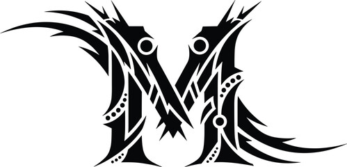 tylized Tribal Letter M Black and White Vector Tattoo, Featuring Symmetrical Decorative Markings, Abstract Design Element, and Sharp Edges for Monogram Graphic Art