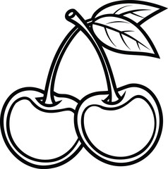 Cherry fruits black and white outline vector drawing with stem and leaves Vector