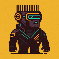 Flat cyberpunk character with neon details, visor goggles, and futuristic armor on a textured orange background.