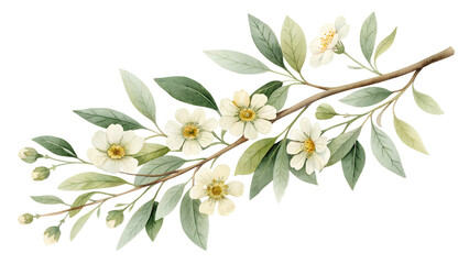 Fototapeta premium Watercolor botanical illustration of a delicate branch adorned with multiple white blossoms and fresh green leaves, perfect for elegant wedding invitations, spring designs, and natural-themed projects