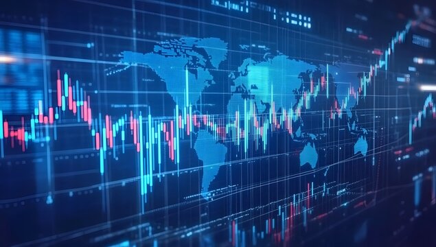 Global financial market data displayed on a digital interface with a world map overlay representing international economic trends and analysis - Powered by Adobe