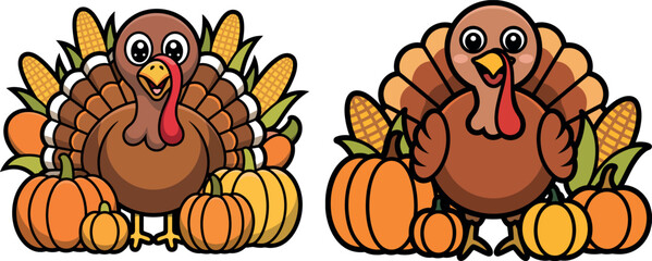 Cute Thanksgiving Turkeys with Pumpkins and Corn for Holiday Celebration