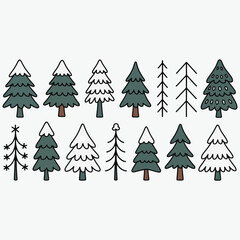 Obraz premium Assortment of Hand Drawn Christmas Trees and Pine Branches in Outline Style pine tree fir tree