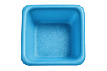 Blue empty foam tray for food packaging, disposable container, top view, transparent background