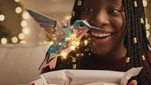 Girl unwrapping a gift box to reveal a hummingbird that comes to life, showcasing joy and surprise