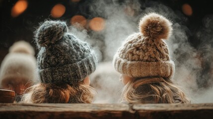 Two children in cozy winter hats share a warm moment at a rustic table, evoking childhood friendship and seasonal comfort in a family-friendly scene