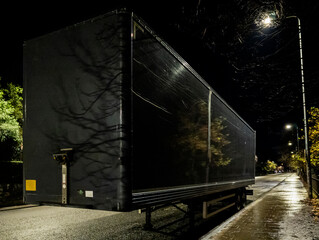A large, black semi-trailer parked on an asphalt road at night, Edinburgh, Scotland, United Kingdom