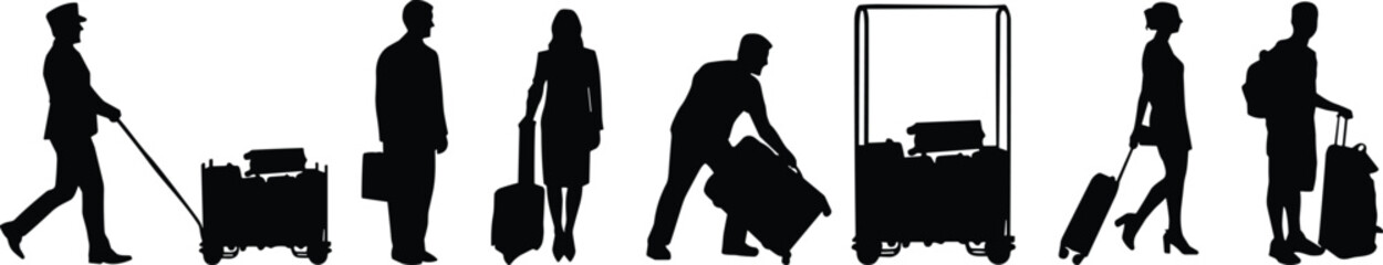 Travelers and Luggage Silhouette Vector Set, Featuring People Walking, Business Professionals, Bellhop, Suitcases, and Airport Travel Bag Graphics