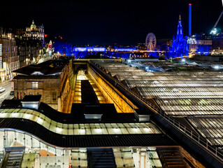 An aerial view of Edinburgh Waverley railway station at night, Edinburgh, Scotland