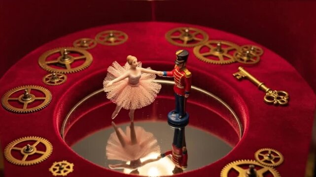 Dancing tin soldier and ballerina in a musical box surrounded by intricate gears and reflecting mirror
