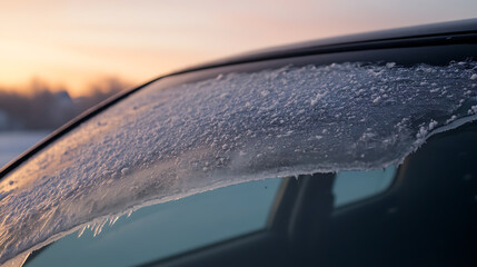 A wintry scene captures frost formations on a car windshield. The icy patterns contrast with the twilight sky, showcasing the beauty of nature's artistry amidst the cold.