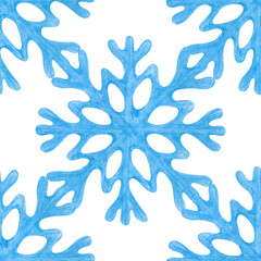 Beautiful seamless winter pattern with blue snowflakes on an isolated background. Pencil drawing with delicate snowflakes for winter themes and festive decorations.