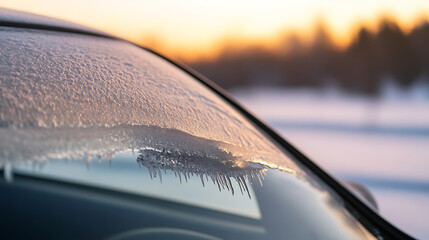 Icy sunrise captured on a frosty car windshield. Winter's grip visualized, with beautiful icicles hanging as the sun rises over snow-covered landscape.