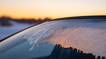 Icy windshield sunrise. Winter mornings require defrosting for safety. Crisp, cold air creates these intricate ice patterns.  Nature's art on glass.
