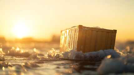 A yellow container stands alone amid a golden sunset landscape, surrounded by ice and water. The container is lit by the sun, creating a silhouette effect.