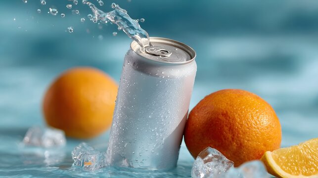 Silver soda can in water with splash, ice, and citrus fruits, refreshing, fresh, lemonade, summer, energy, drink.