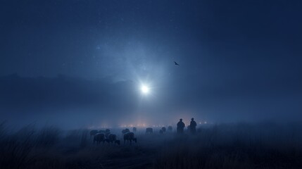 Fototapeta premium Two figures stand in a foggy landscape watching the moon rise over grazing sheep at night