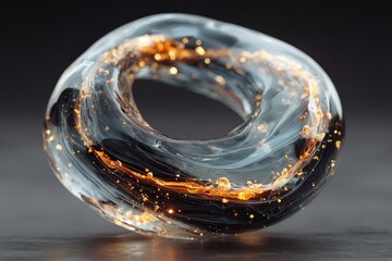 Abstract conceptual torus shape swirling with dark smoke and glowing golden particles creating a futuristic design