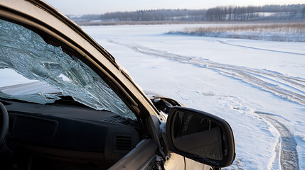 Obraz premium Close-up of a car with a shattered windshield, suggesting an accident in a snowy, winter landscape. Vehicle's interior and exterior details are visible amidst the damage.