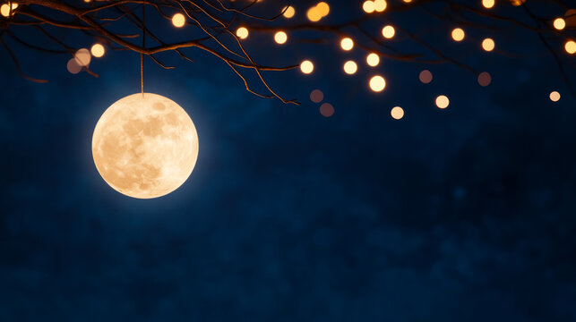 Enchanting full moon radiance amidst silhouetted tree branches with twinkling lights