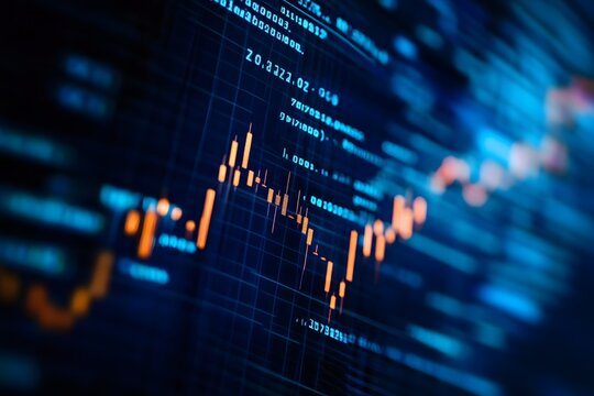 Abstract visualization of financial market data with a fluctuating stock chart displayed on a digital screen creating a sense of economic activity and investment trends