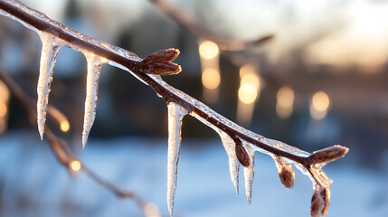 Winter's icy grip transforms a tree branch into a frozen masterpiece, with sunlight creating a magical bokeh. Icicles hang like delicate glass sculptures.