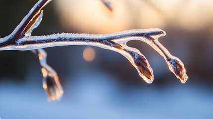 Winter's icy grip embraces a delicate branch, encapsulating buds in a crystalline armor. The soft light adds a touch of warmth, highlighting the stark beauty of nature's artistry.