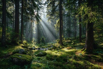Obraz premium Sunbeams filter through dense forest canopy, illuminating mossy undergrowth and creating ethereal light rays at daytime