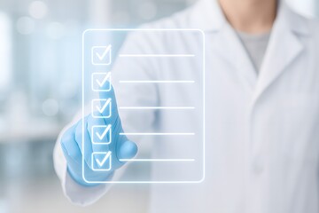 Healthcare professional interacting with a digital checklist interface, representing medical assessment and data verification.